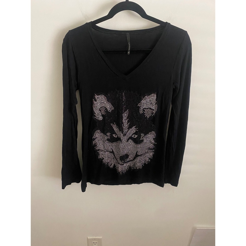 Groovy Womens Black‎ Long Sleeve V-Neck Rhinestone Wolf Graphic Tee Shirt Size M